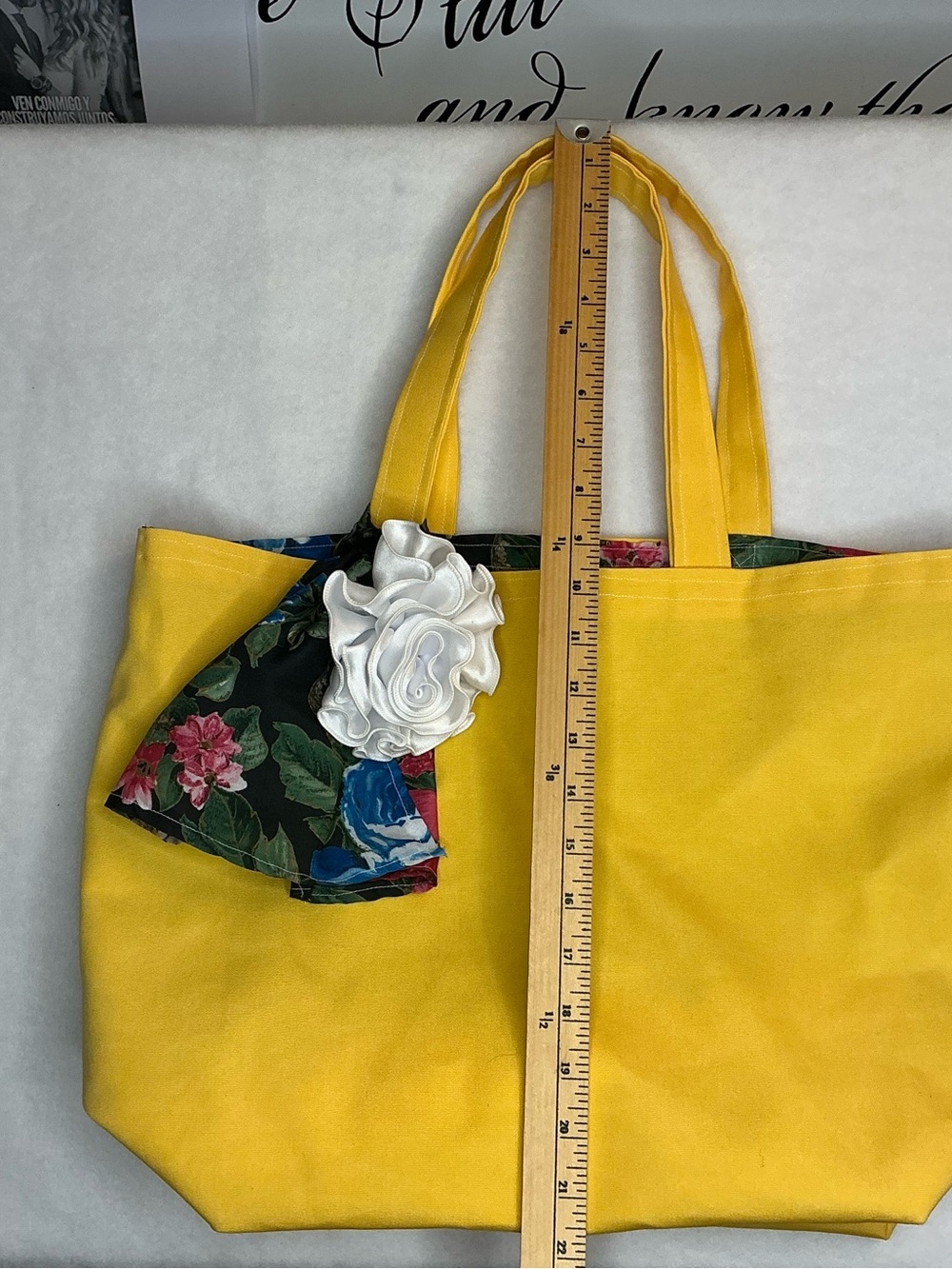 2034 - Handmade Sunny Yellow Canvas Tote with Floral Scarf and Rosette - Picture 16 of 16
